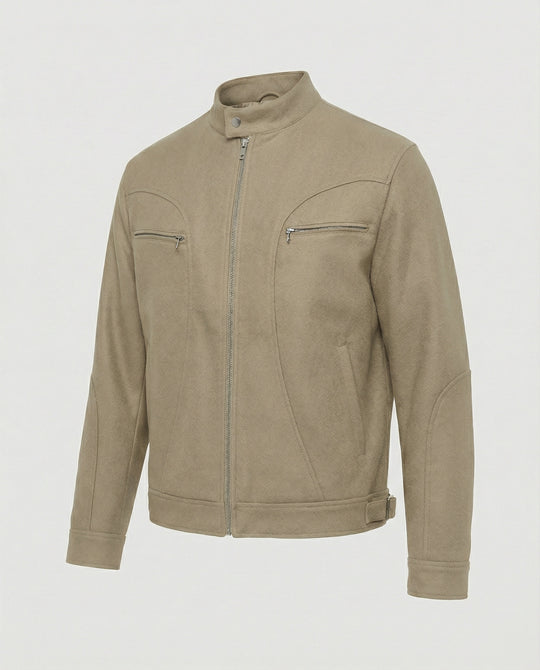 Herren lockere Wolloptik-Blousonjacke mit kurzem Stehkragen durchgehendem Reißverschluss und horizontalen Brusttaschen R&B