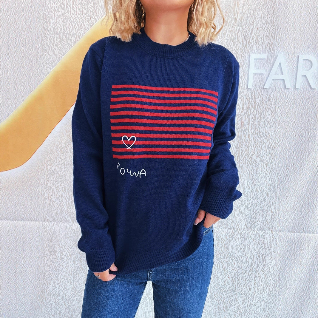 Damen lässiger Pullover mit gestreiftem Design und Herzapplikation R&B
