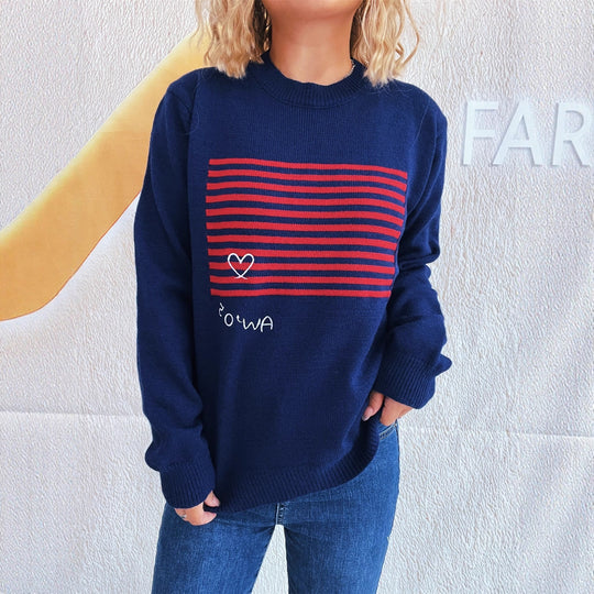 Damen lässiger Pullover mit gestreiftem Design und Herzapplikation R&B