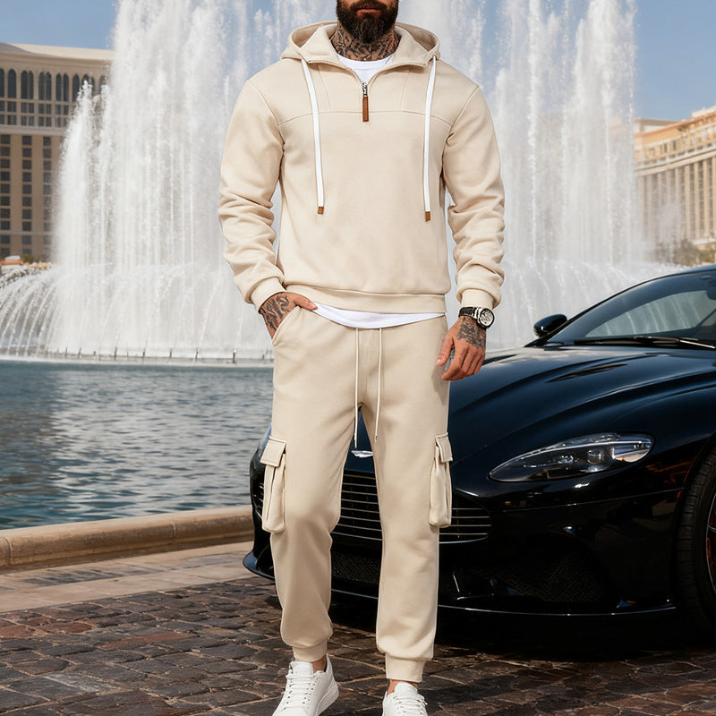 Herren nan lässiger Fleece-Jogginganzug mit halbem Reißverschluss und Cargo-Taschen R&B