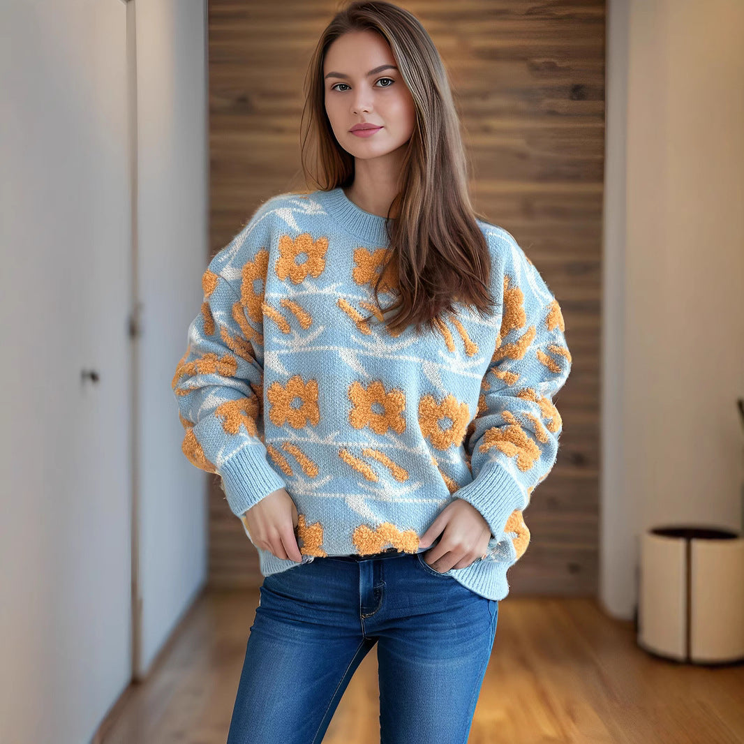 Damen Strickpullover mit floralem Muster und lässigem Schnitt R&B