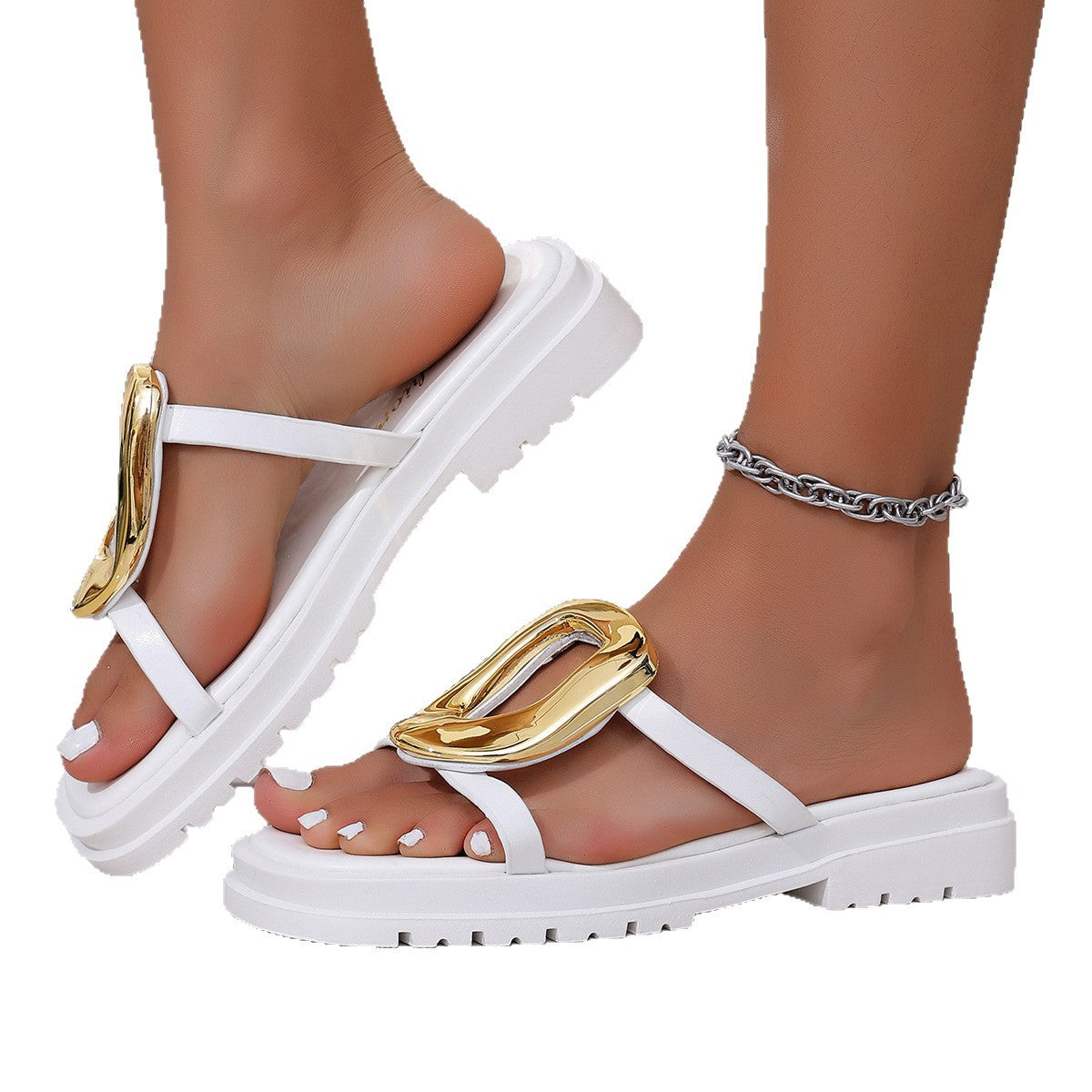 Damen modische Riemensandalen mit eleganter Goldapplikation und rutschfester Sohle R&B