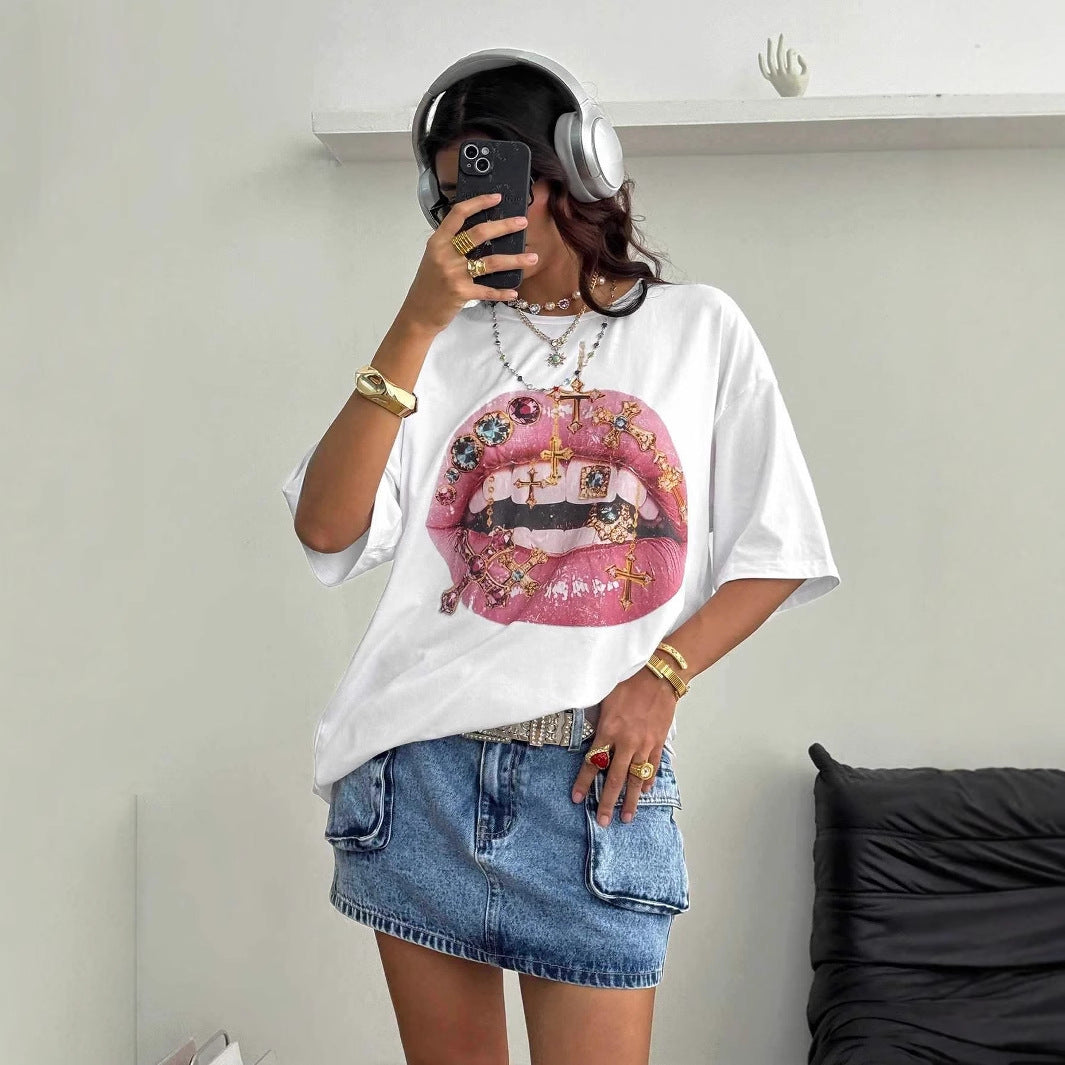 Damen Oversized T-Shirt mit kreativem Lippen- und Schmuckdesign R&B