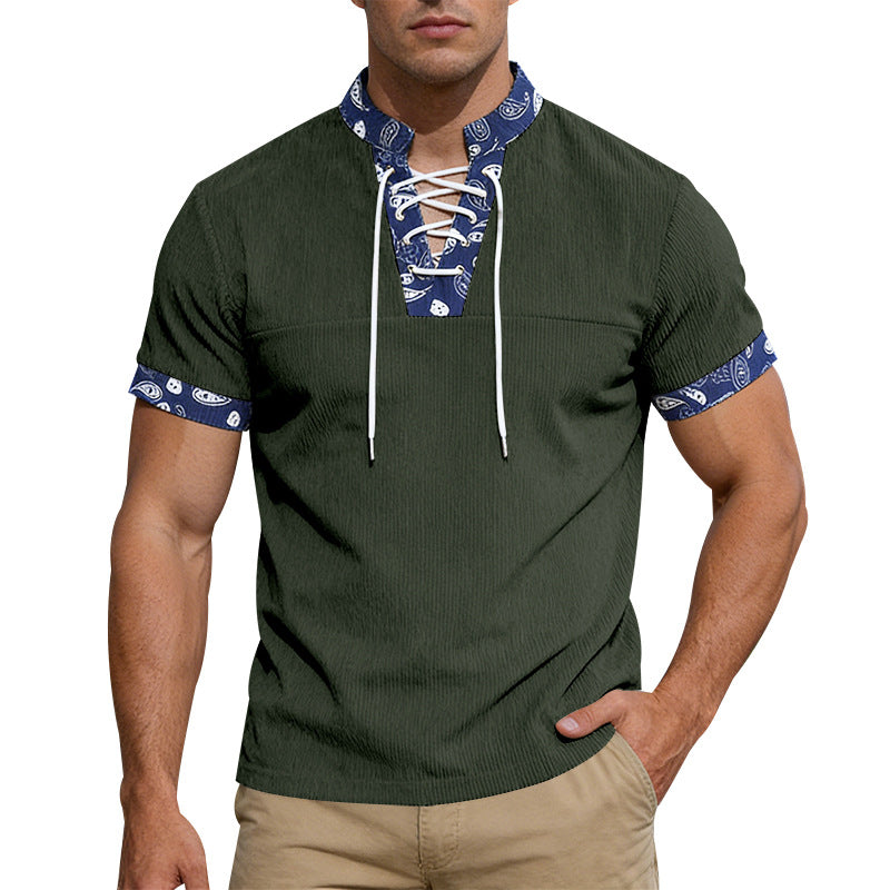 Herren nan Kurzarm-Schnürshirt mit Bandana-Besatz und strukturierter Jerseyqualität R&B
