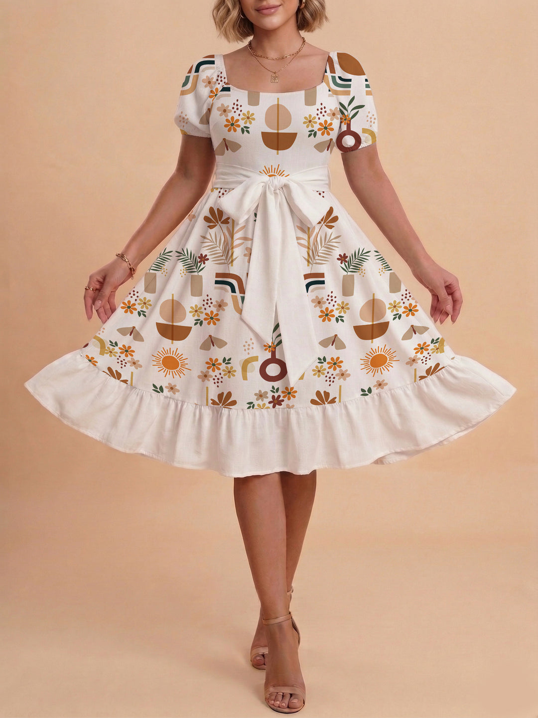 Damen Sommerliches Blumenkleid mit taillierbarem Gürtel und voluminösen Ärmeln R&B