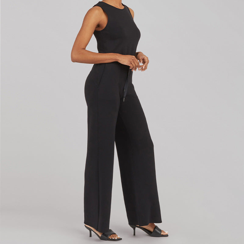 Damen nan ärmelloser Strick-Overall mit weitem Palazzo-Bein, Kordelbund und aufgesetzten Taschen R&B