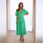 Damen Midi-Kleid mit Puffärmeln und tiefem V-Ausschnitt R&B
