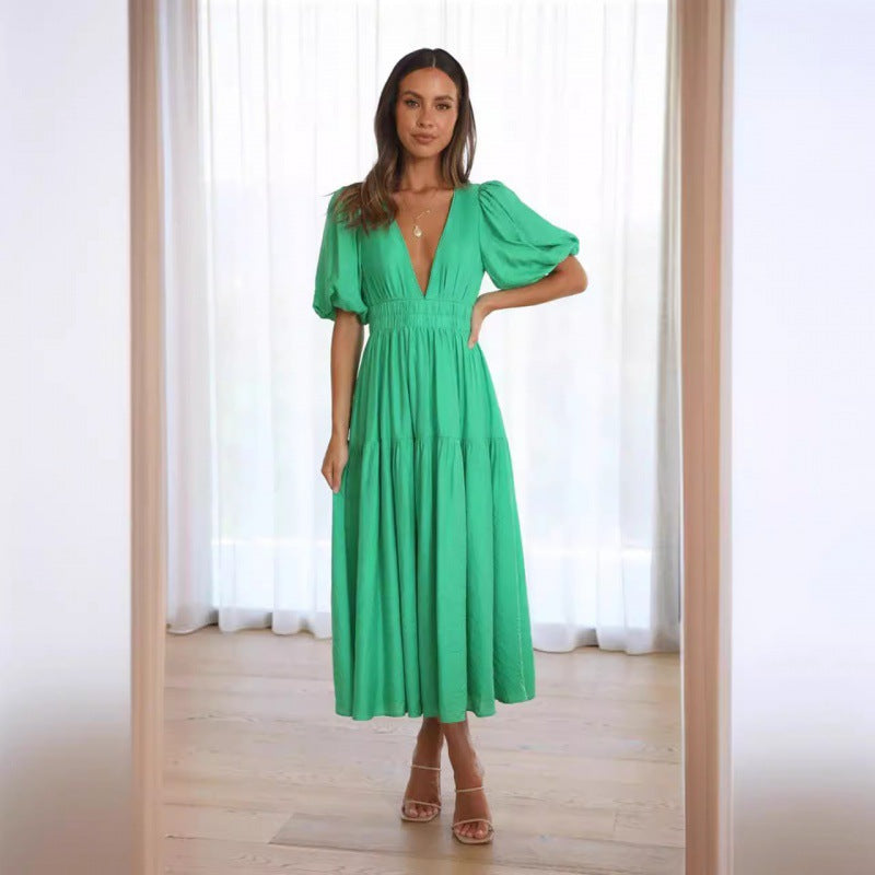 Damen Midi-Kleid mit Puffärmeln und tiefem V-Ausschnitt R&B