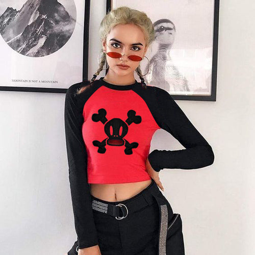 Damen trendiges Raglan-Crop-Top mit Totenkopf-Print R&B