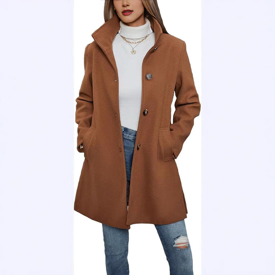 Damen Eleganter Wollmantel mit Hochgeschlossenem Kragen und Praktischen Taschen R&B