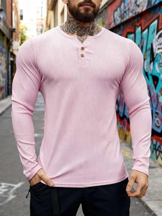 Herren nan geripptes Langarm-Henleyshirt mit flacher Knopfleiste und körperbetonter Stretch-Passform R&B