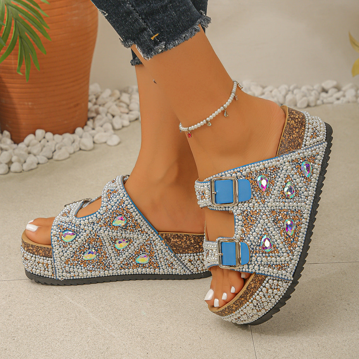 Damen Glamouröse Plateausandalen mit funkelnden Strassdetails und verstellbaren Riemen