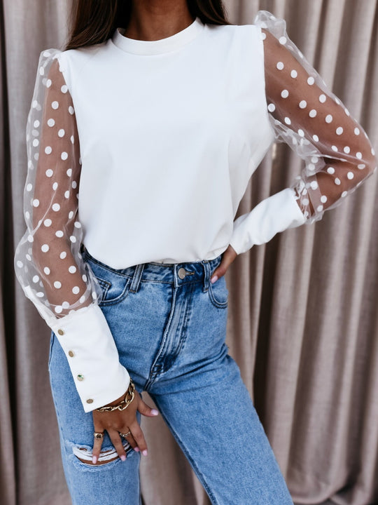 Damen Elegante Bluse mit transparenten Puffärmeln und Punkten R&B