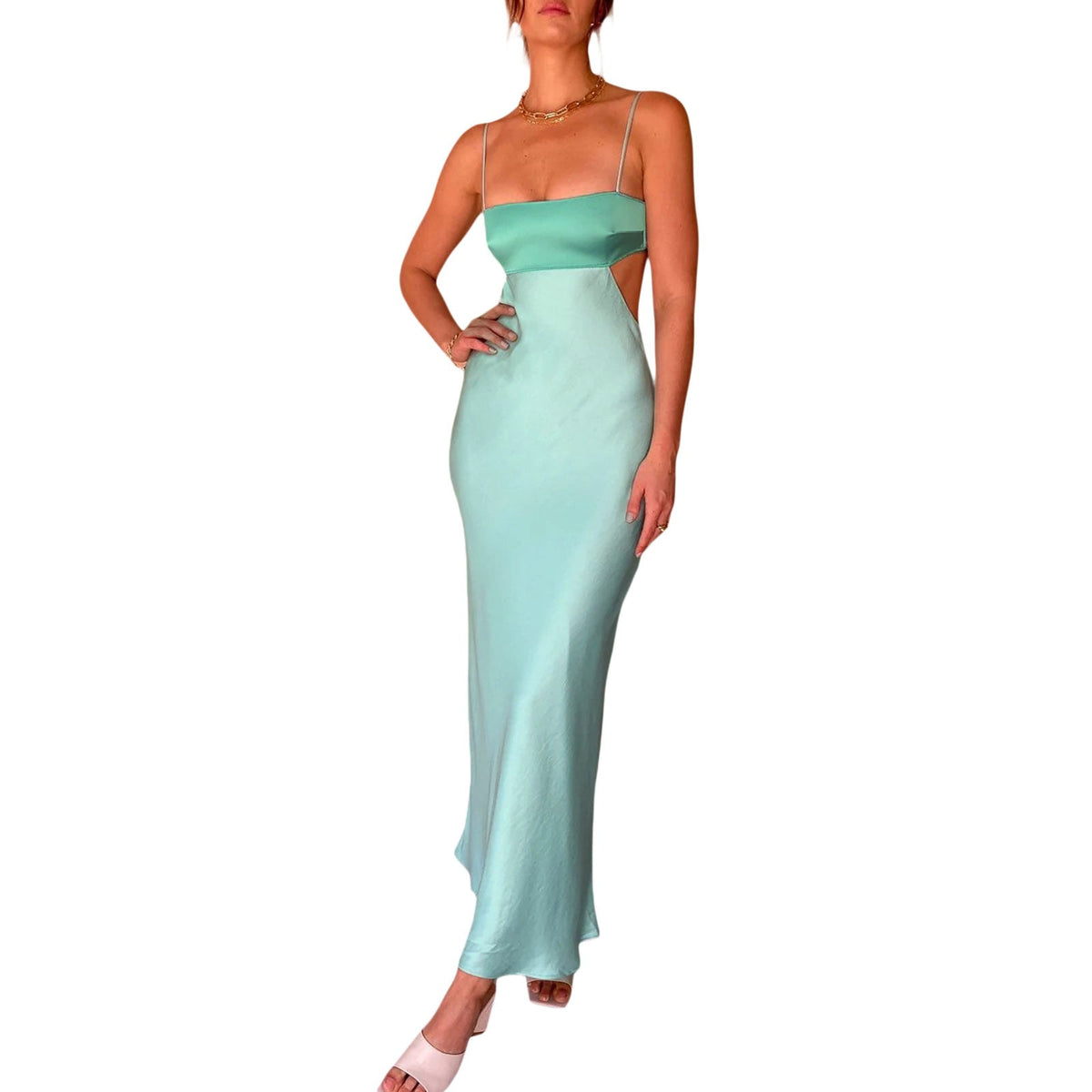 Damen elegantes langes Kleid mit innovativem Cut-Out Design und zarten Spaghettiträgern R&B