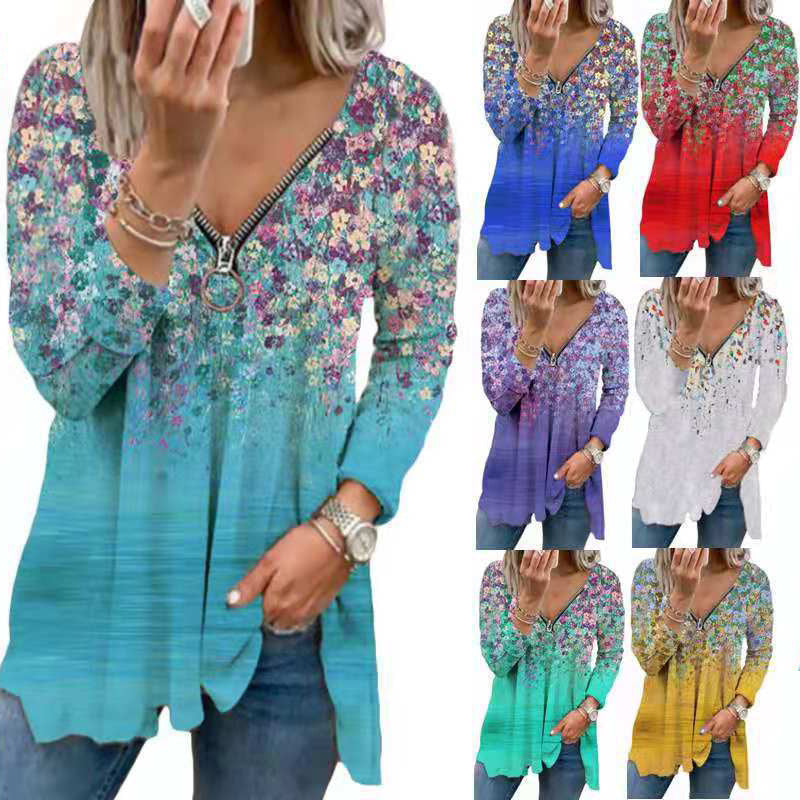 Damen Langarmshirt mit farbenfrohem Blütenmuster und modernem Zipper R&B