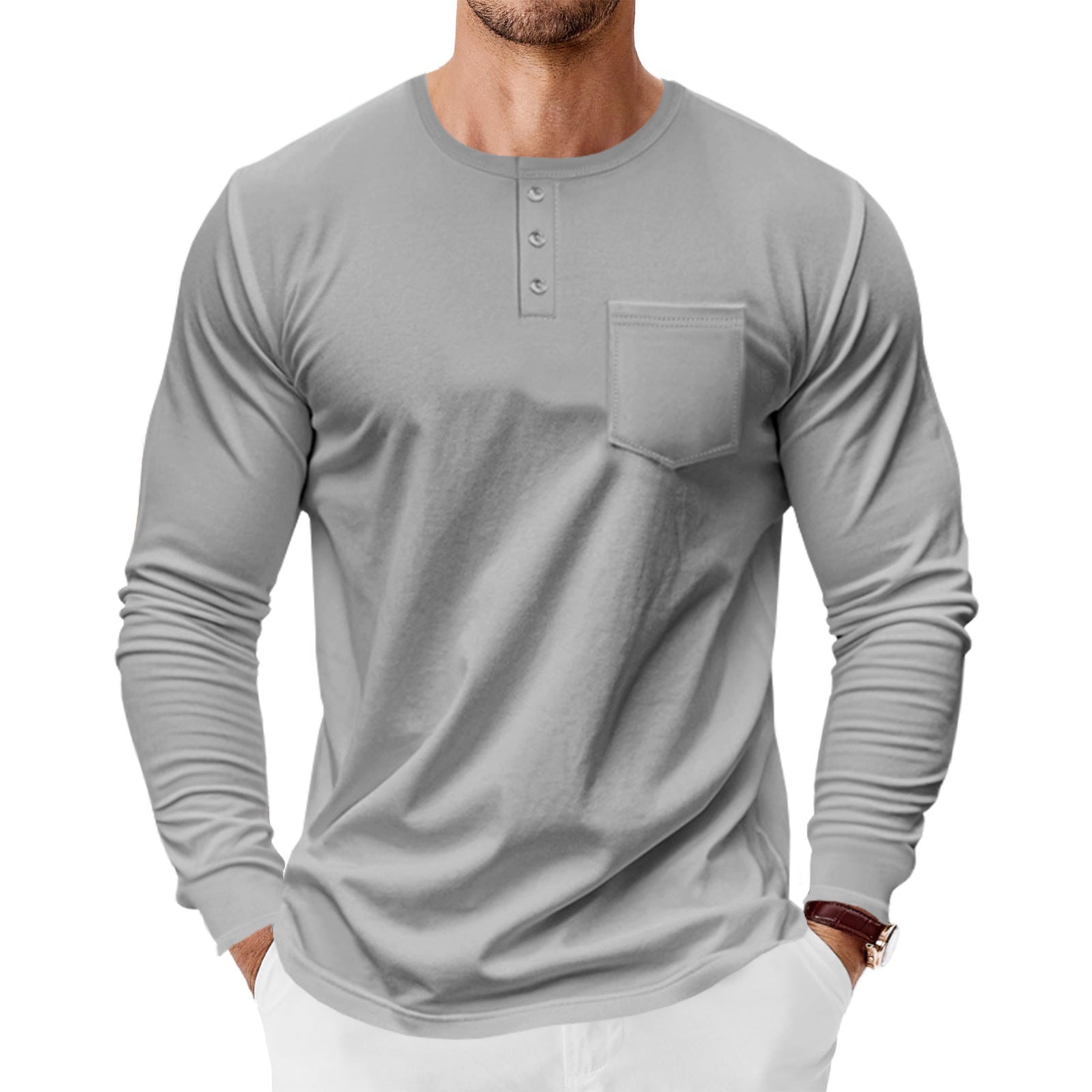 Herren Langarm-Henley-Shirt mit praktischer Brusttasche R&B