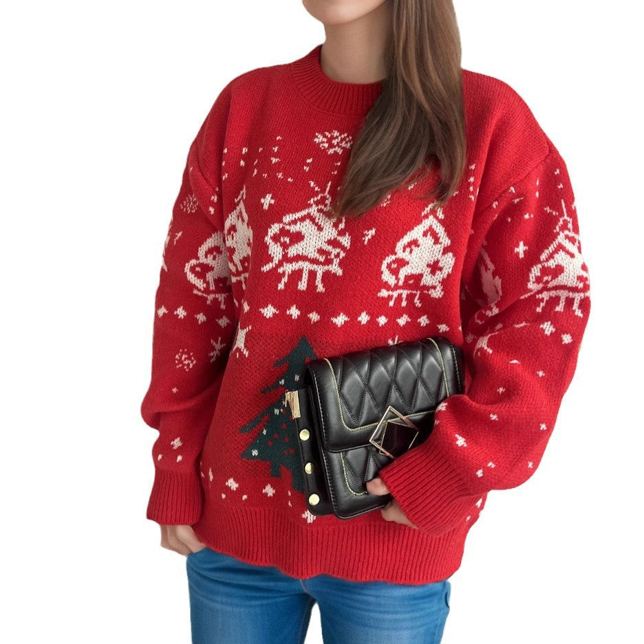 Damen gestrickter Weihnachtspullover mit festlichen Motiven und lässigem Schnitt R&B