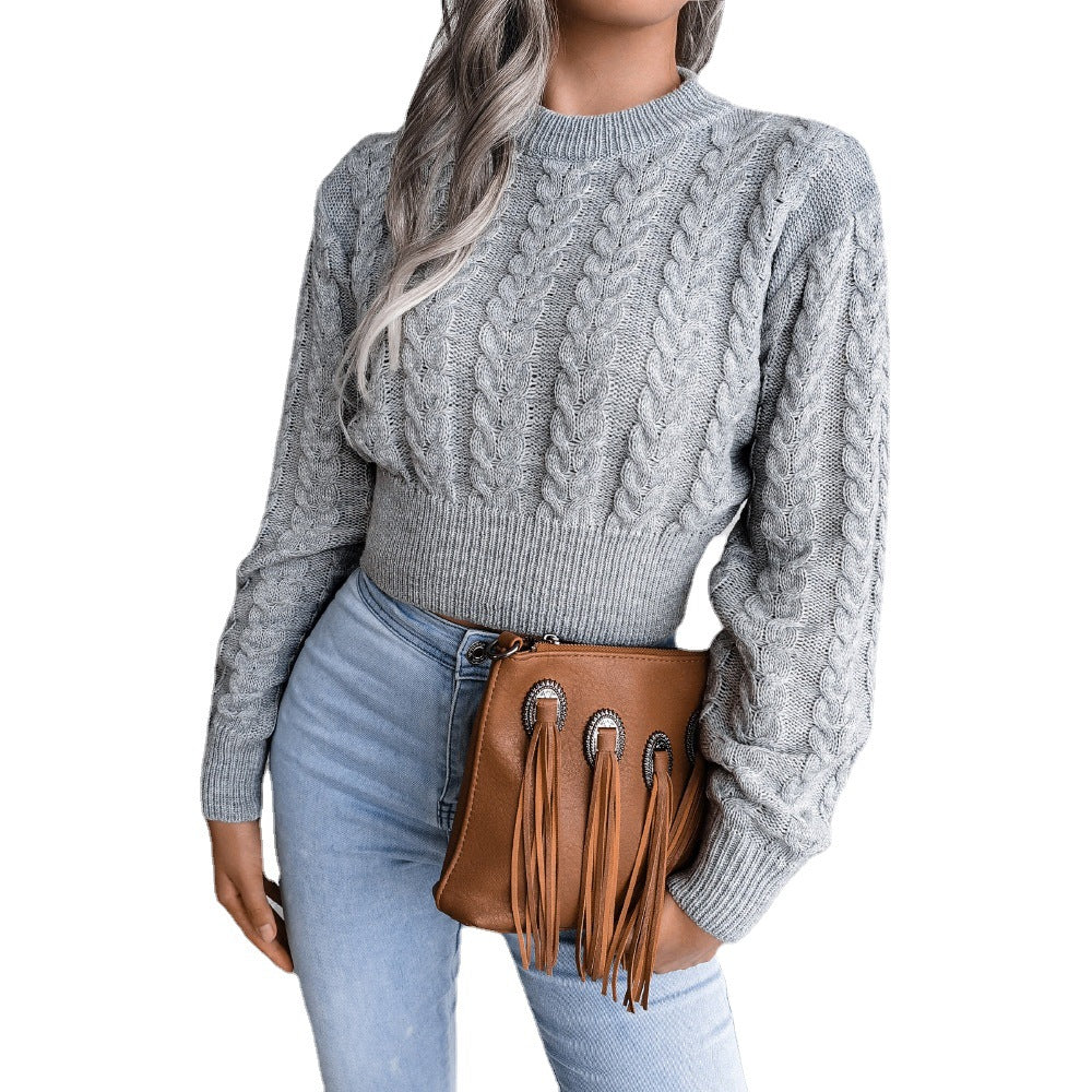 Damen Grobstrickpullover mit verlängertem Bund und Kunstleder-Applikationen R&B