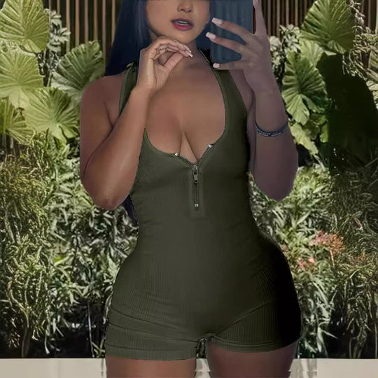 Damen Jumpsuit mit tiefem Ausschnitt und Reißverschluss R&B