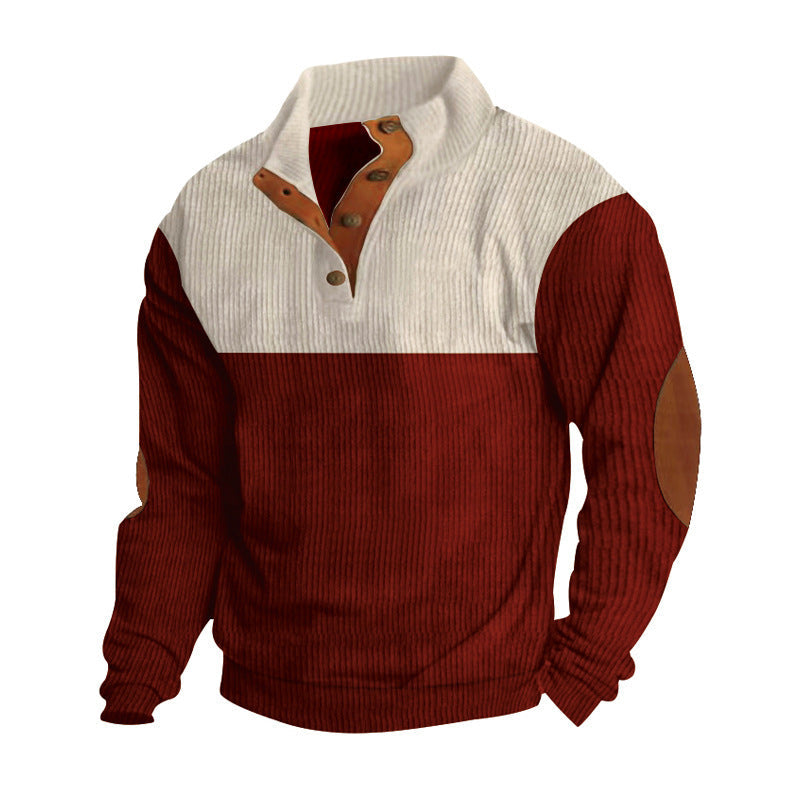 Herren nan Rippenstrickpullover mit Stehkragen Knopfleiste und Leder-Ellbogenpatches R&B