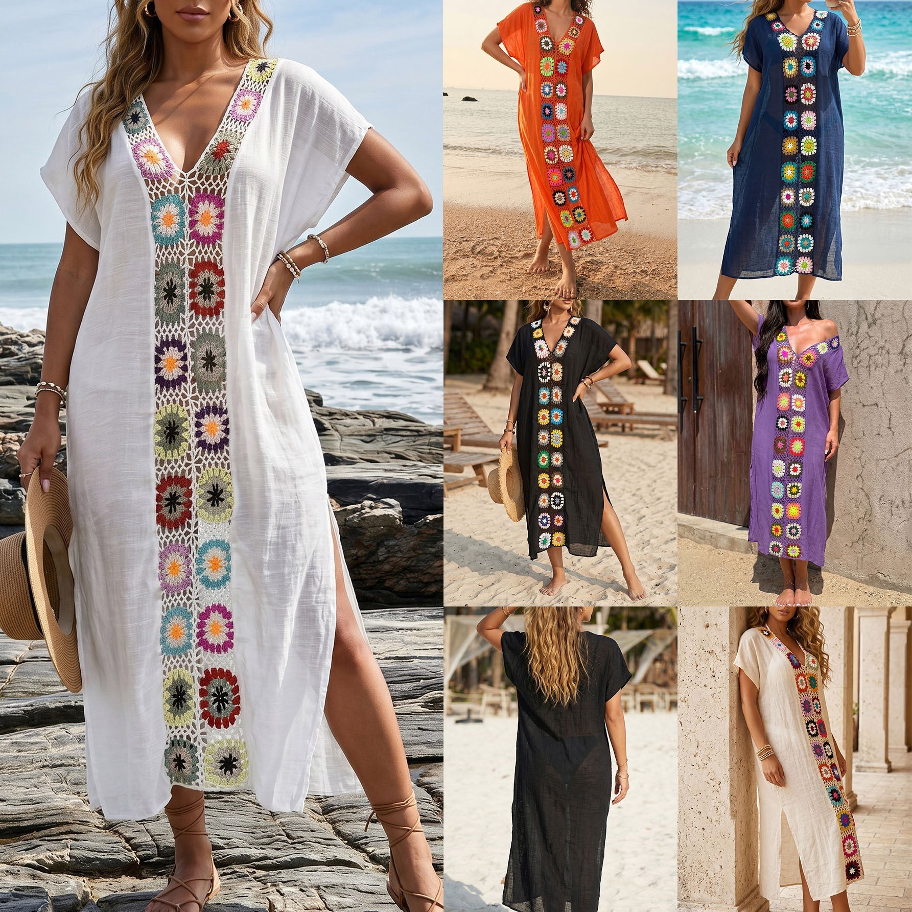 Damen Häkel-Strandkimono mit floralem Patchwork-Design R&B