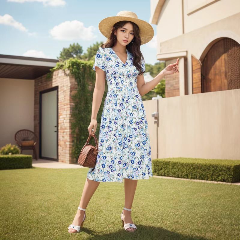 Damen Elegantes Maxikleid mit floralen Akzenten und leichtem V-Ausschnitt R&B
