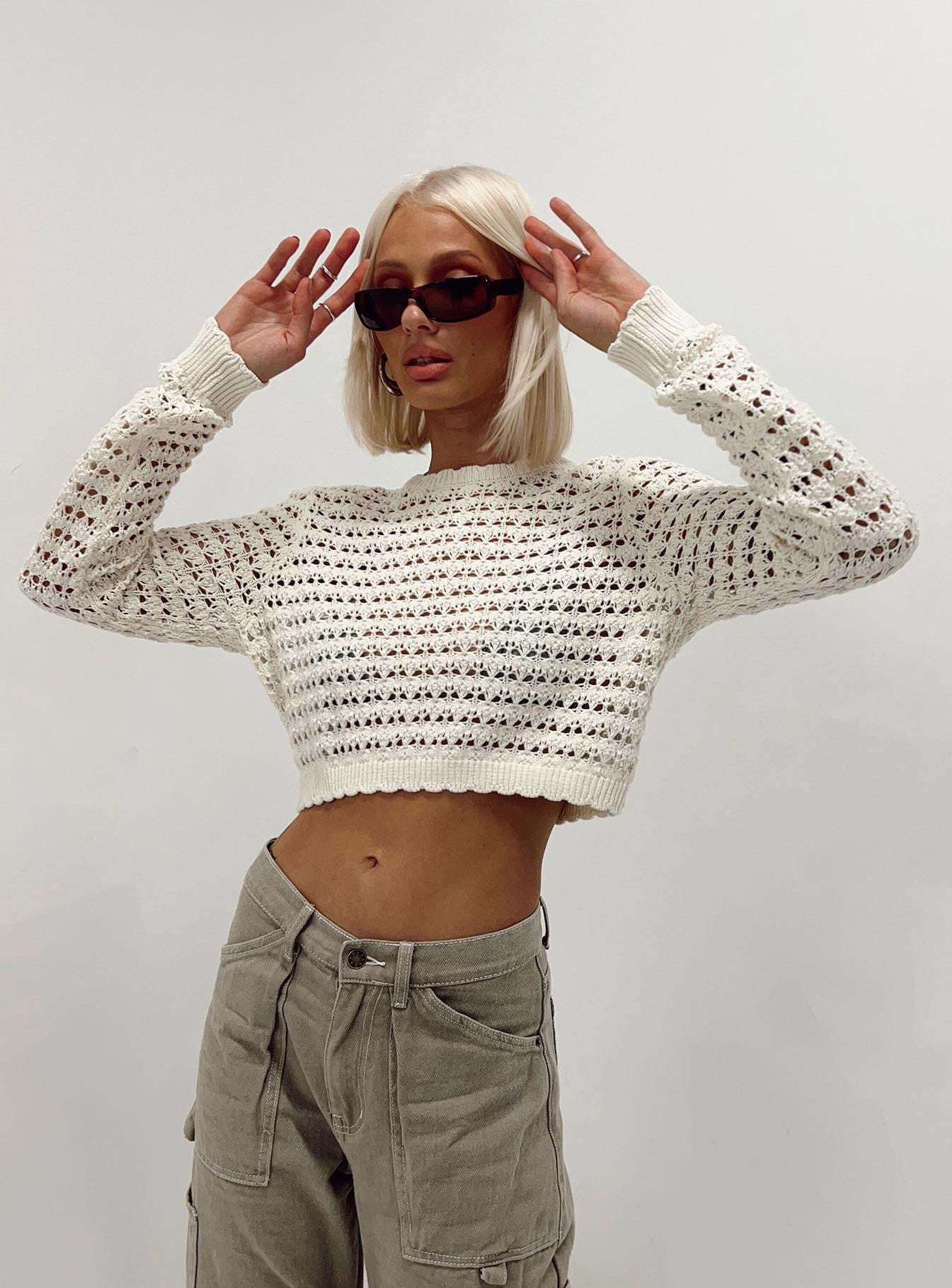Damen gehäkeltes Crop-Top mit modischer Lochstruktur R&B