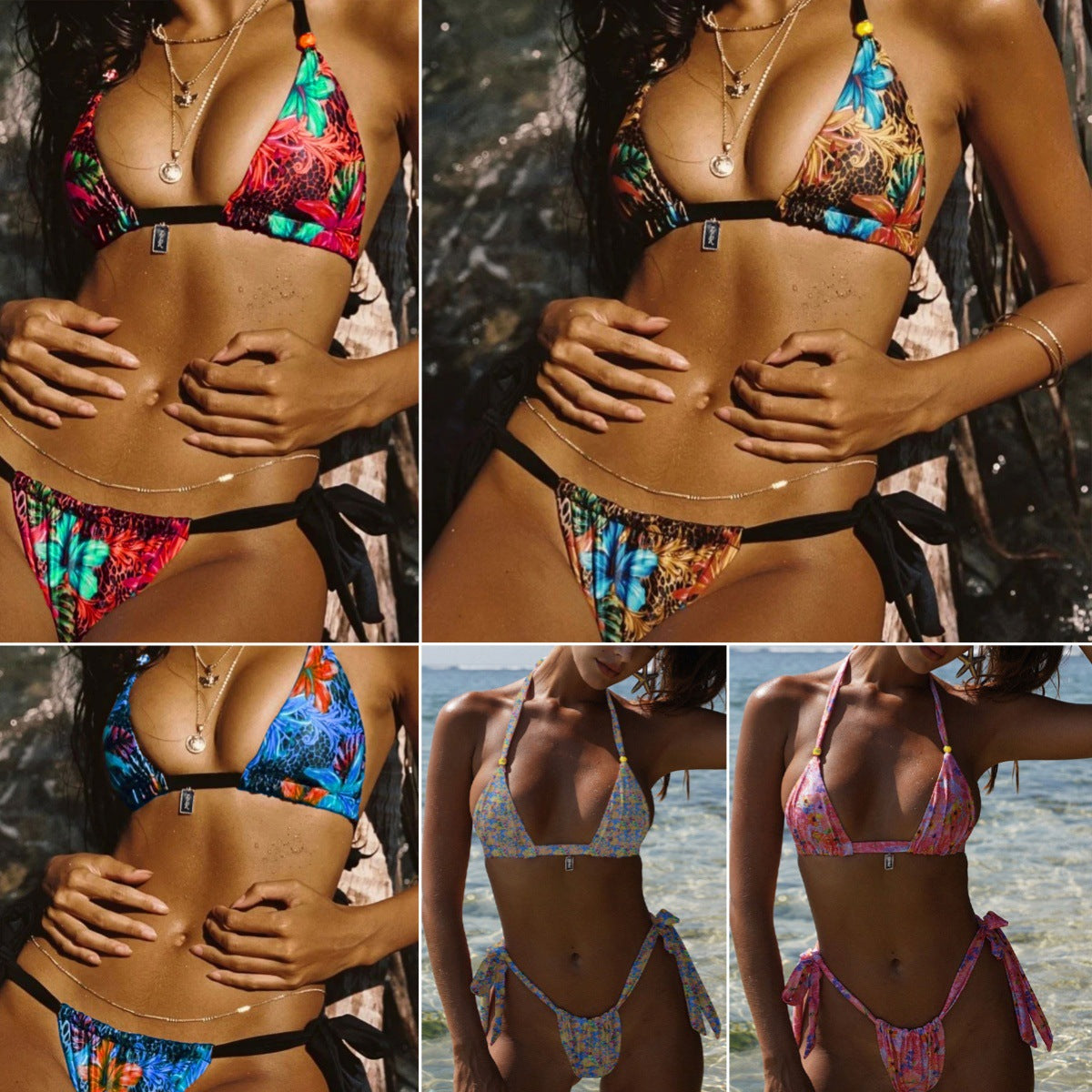 Damen Triangel-Bikini mit einfach verstellbaren Bändern und floralem Muster R&B