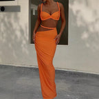 Damen Strandbekleidungs-Set mit geflochtenem Oberteil und elegantem Wickelrock R&B