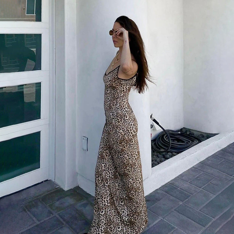 Damen elegantes Maxikleid mit tierischem Muster und schmalen Trägern R&B
