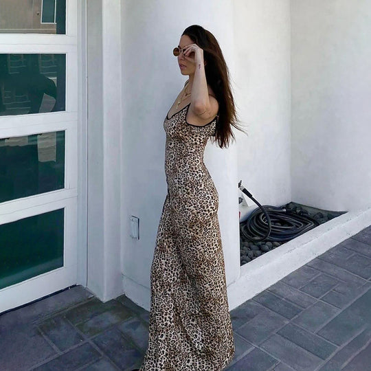 Damen elegantes Maxikleid mit tierischem Muster und schmalen Trägern R&B