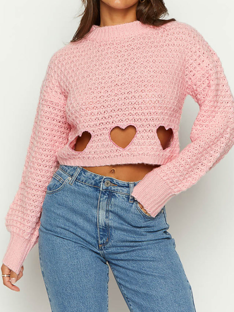 Damen Grob gestrickter Pullover mit Herzverzierungen und lockerem Schnitt R&B