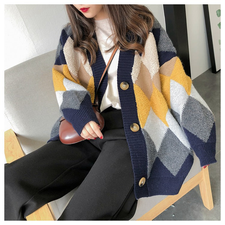 Damen Grobstrick Cardigan mit geometrischem Muster und großen Taschen R&B