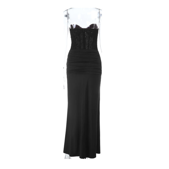 Damen schickes Maxikleid mit elegantem Bustier-Oberteil und gerafftem Rock R&B