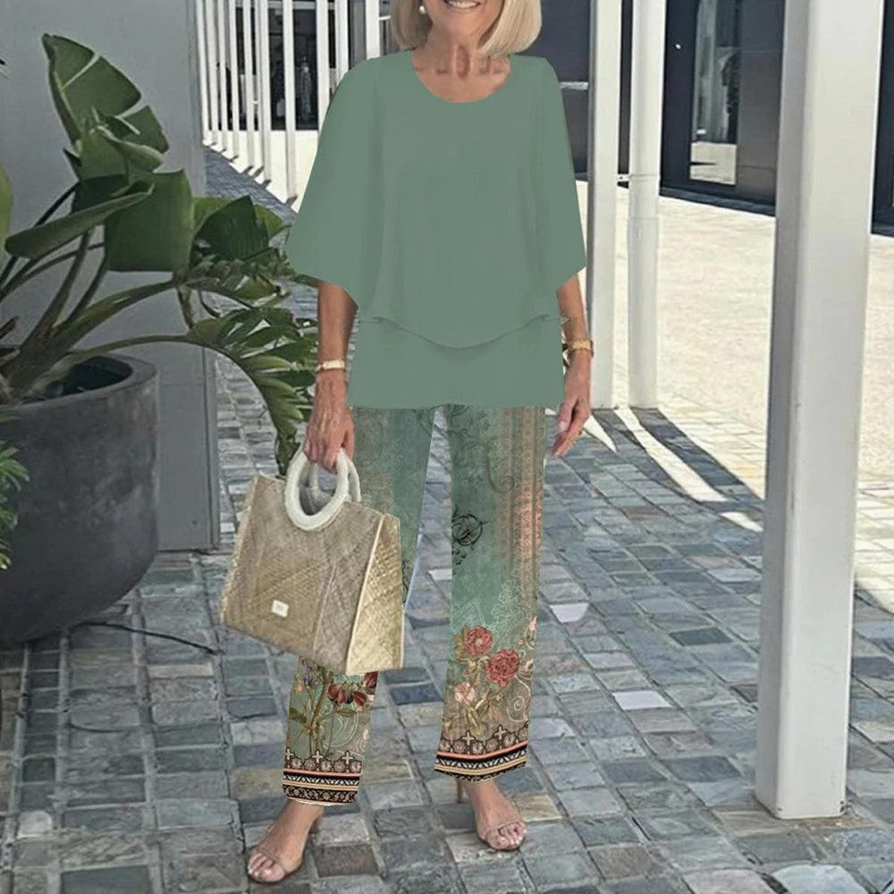 Damen nan Lagen-Tunika mit Cape-Ärmeln und knöchellanger Geradebeinhose mit Grafikprint R&B