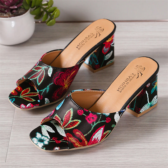 Damen Offene Mules mit floralem Muster und komfortablem Blockabsatz R&B
