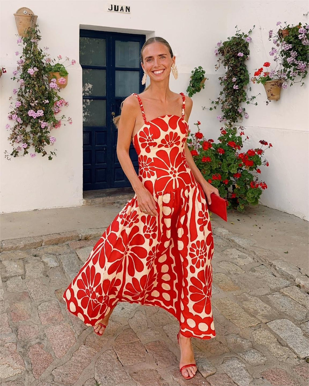 Damen Midi-Kleid mit floralem Print und Spaghetti-Trägern R&B