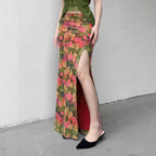 Damen Maxi-Rock mit floralem Chiffon-Design und seitlichem Schlitz R&B