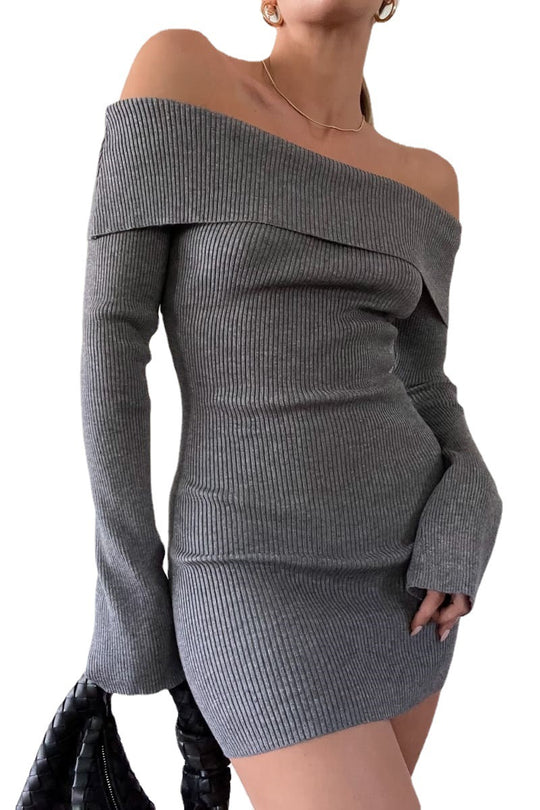 Damen figurbetontes, off-shoulder Strickkleid mit langen Ärmeln R&B