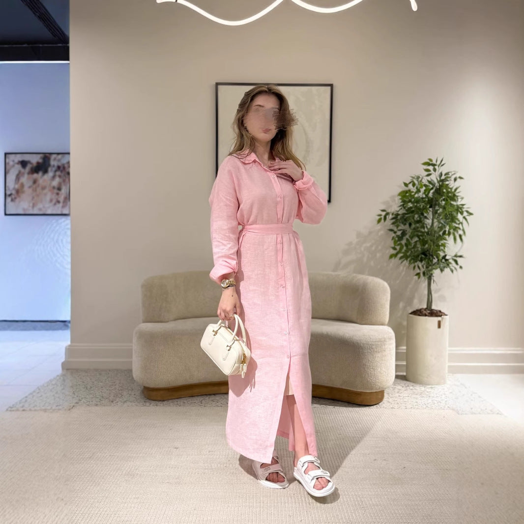 Damen Langarmhemdkleid mit Taillengürtel und Knopfleiste R&B