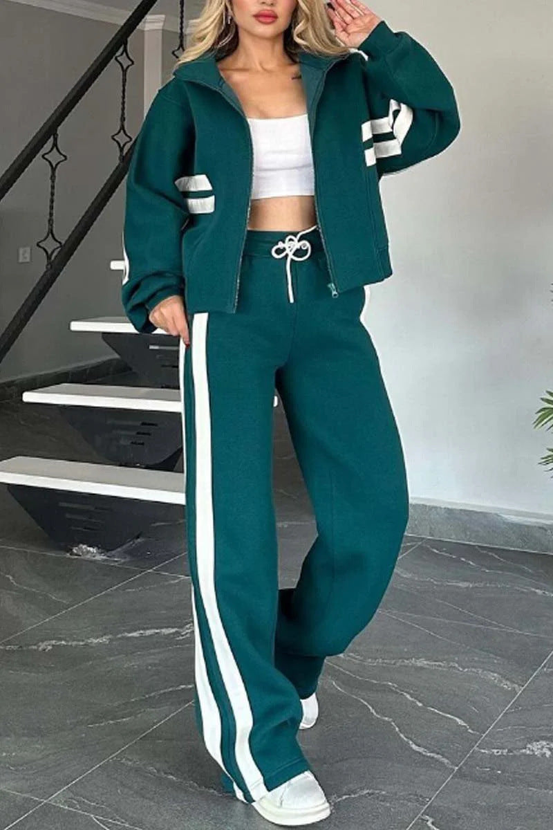 R&B | Gestreifte Zip up Cropped Sweatshirtjacke und Sporthose Zwei Teile Satz