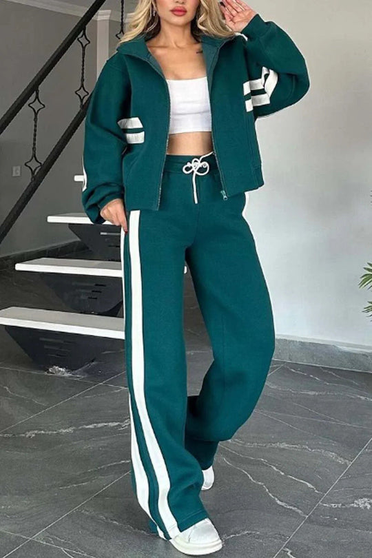 R&B | Gestreifte Zip up Cropped Sweatshirtjacke und Sporthose Zwei Teile Satz