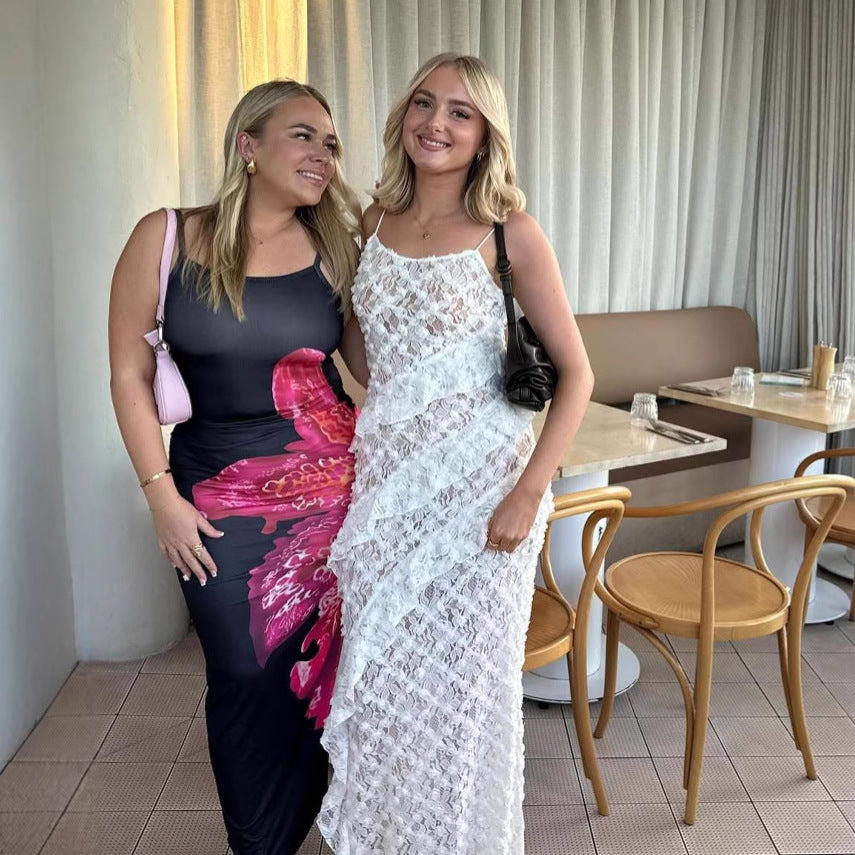 Damen Elegantes Spitzen-Maxikleid mit asymmetrischen Drapierungen R&B