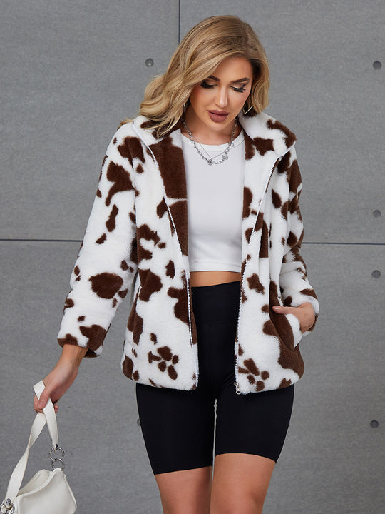 Damen Kuschelige Kunstpelzjacke mit tierischem Muster R&B