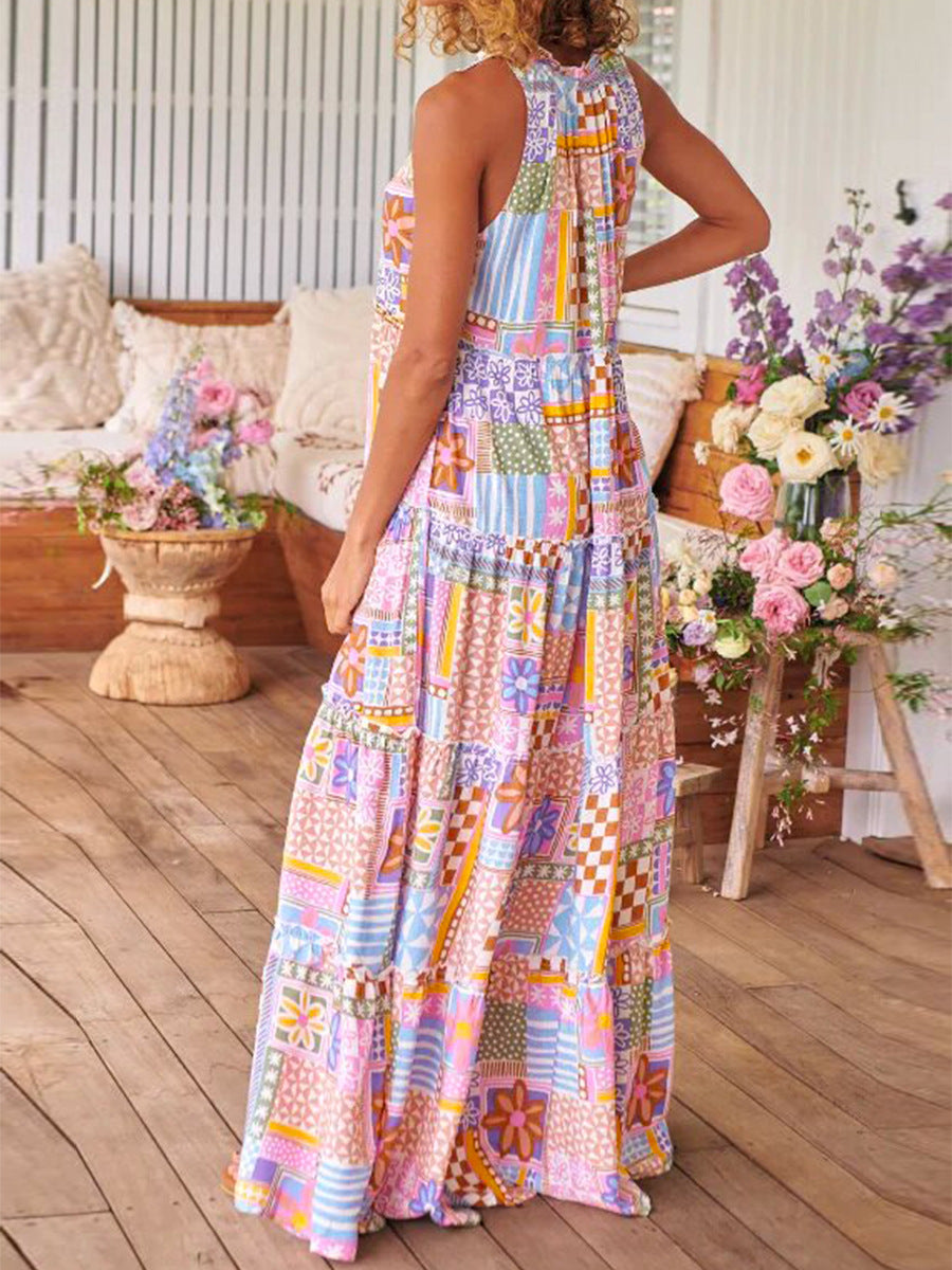 Damen Maxikleid mit buntem Patchwork-Muster R&B