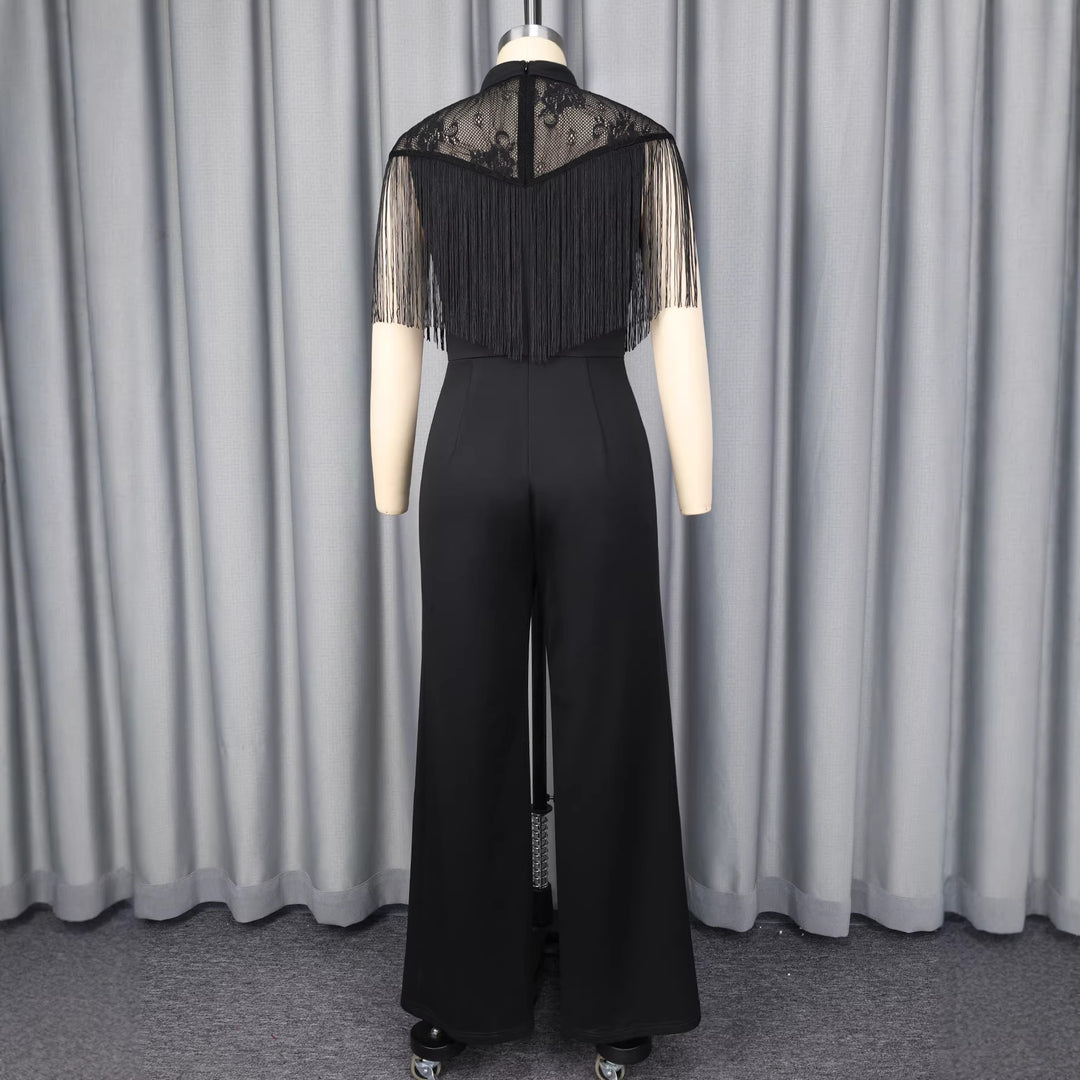 Damen Eleganter Jumpsuit mit schickem Fransen und Spitzenakzenten R&B