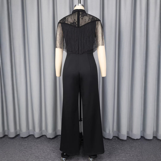 Damen Eleganter Jumpsuit mit schickem Fransen und Spitzenakzenten R&B