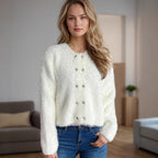 Damen flauschige Strickjacke mit herzförmigen Knöpfen und lockerer Passform R&B