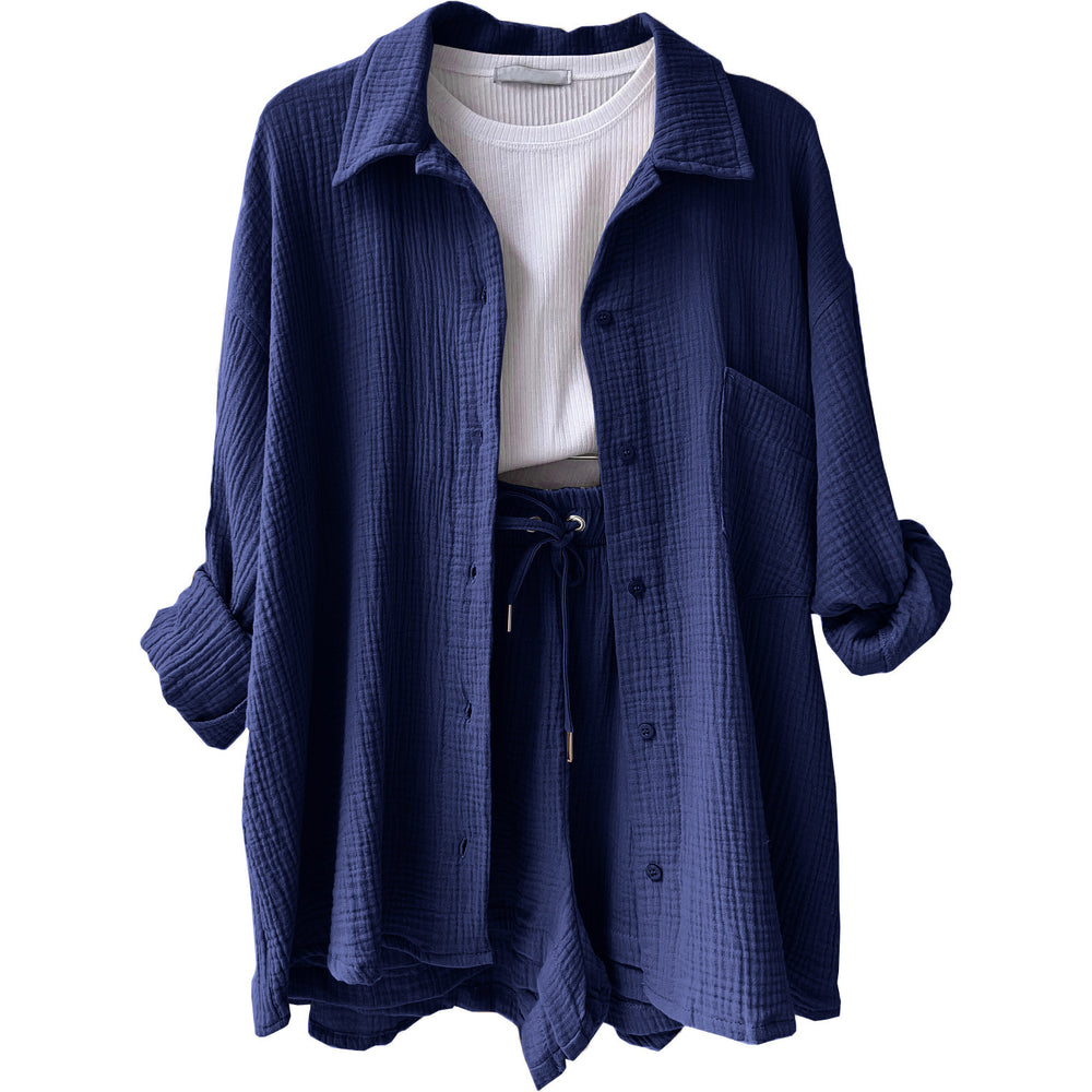 Damen lässiges Oversize-Hemd mit kurzem Schnitt und praktischen Taschen R&B