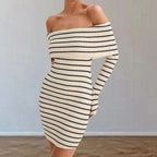 Damen Off-Shoulder Strickkleid mit langen Ärmeln und Streifenmuster R&B